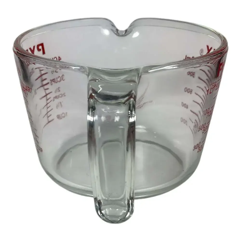 Vintage Pyrex Glass Measuring Cup Red Lettering Open J Handle 4 Cup 1 Quart #532